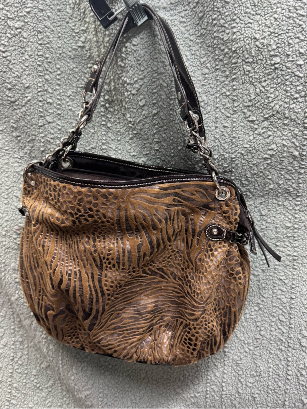 Alfred Dunner Brown Textured Animal-Print Shoulder Bag with Chain Strap